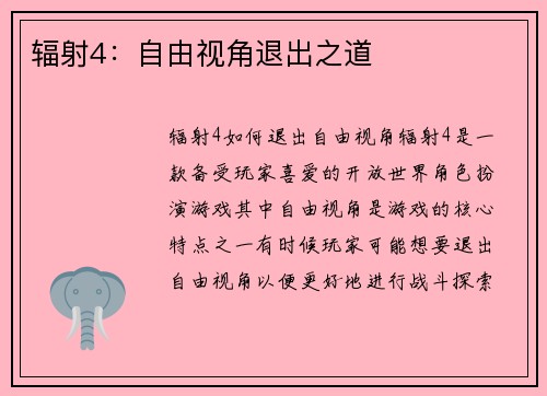 辐射4：自由视角退出之道